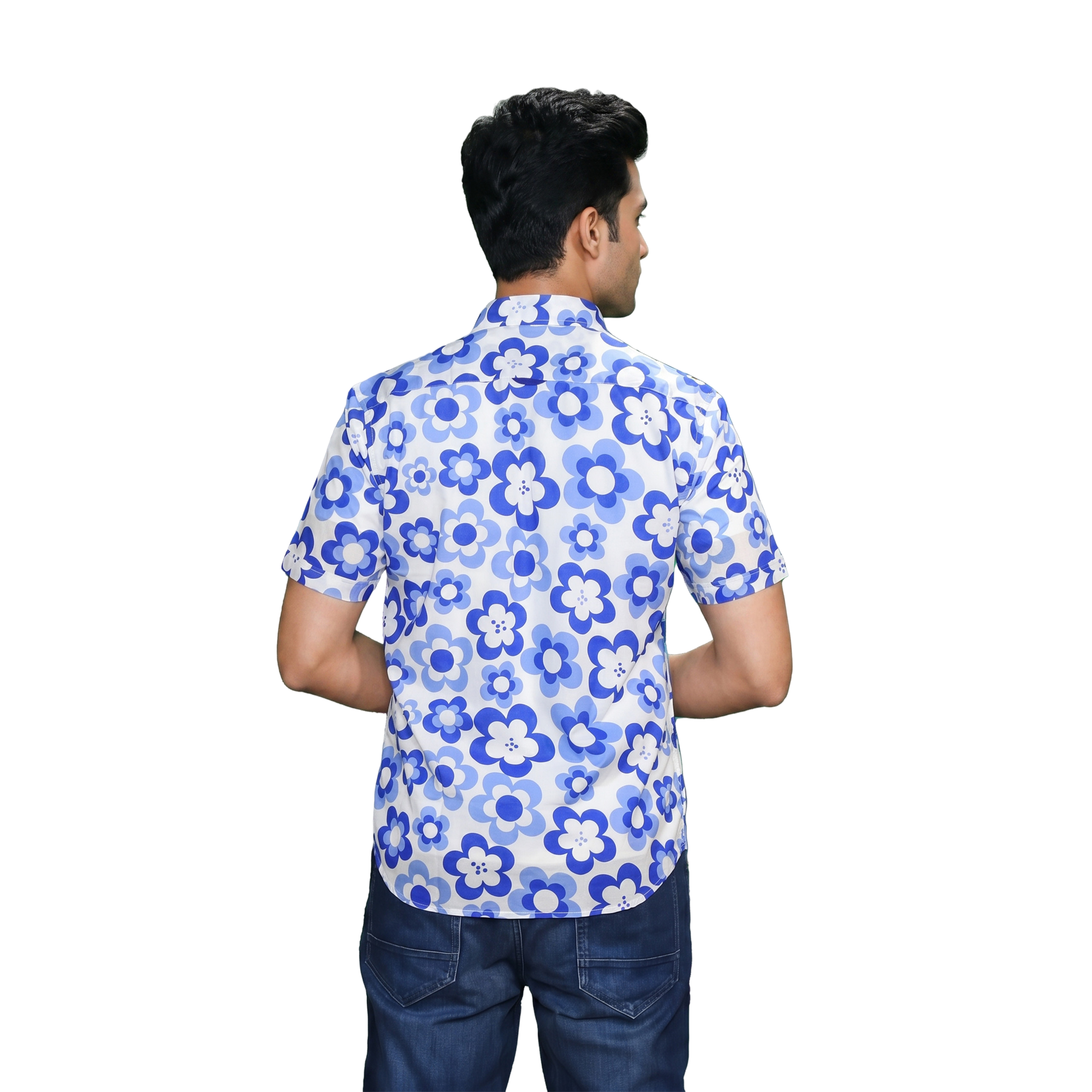 நீல மலர் அச்சு குட்டைக்கை சாதாராண சட்டை