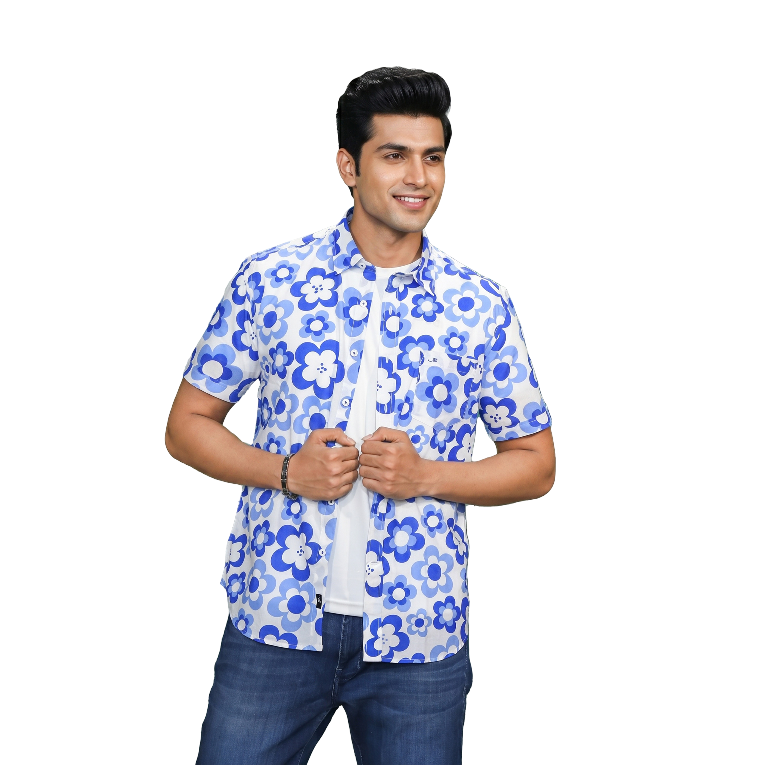 நீல மலர் அச்சு குட்டைக்கை சாதாராண சட்டை