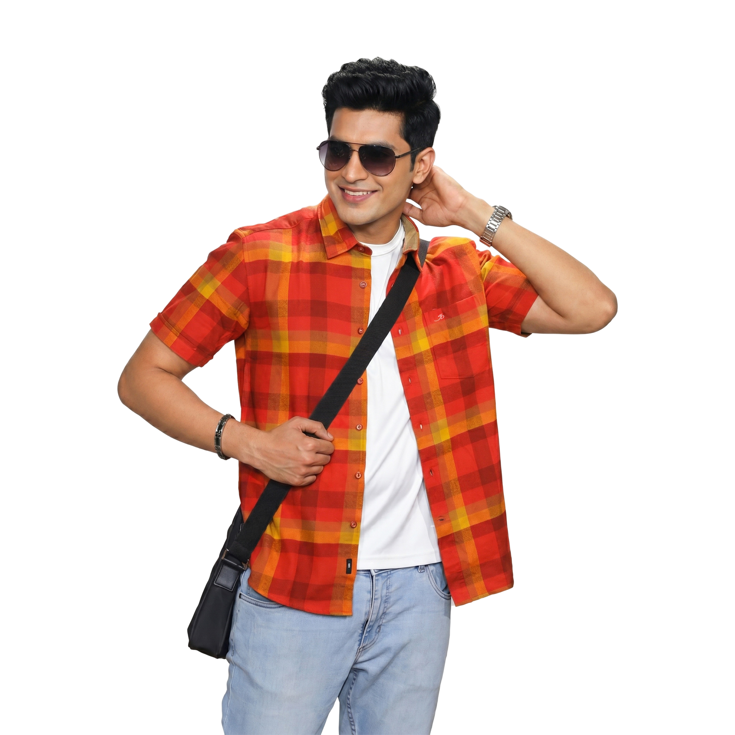 Orange Red Plaid Short Sleeve Button Up