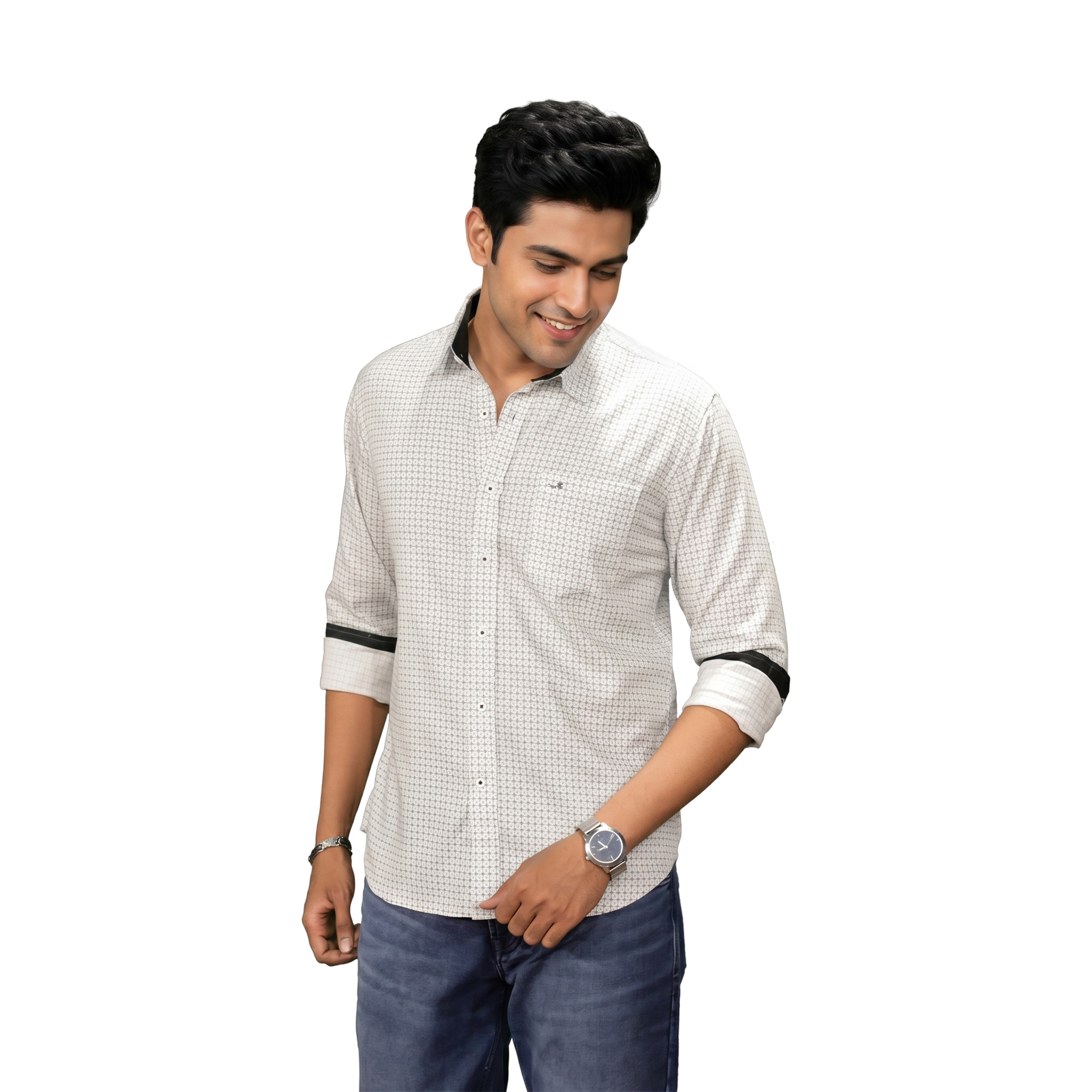 White Micro Print Long Sleeve Casual Shirt