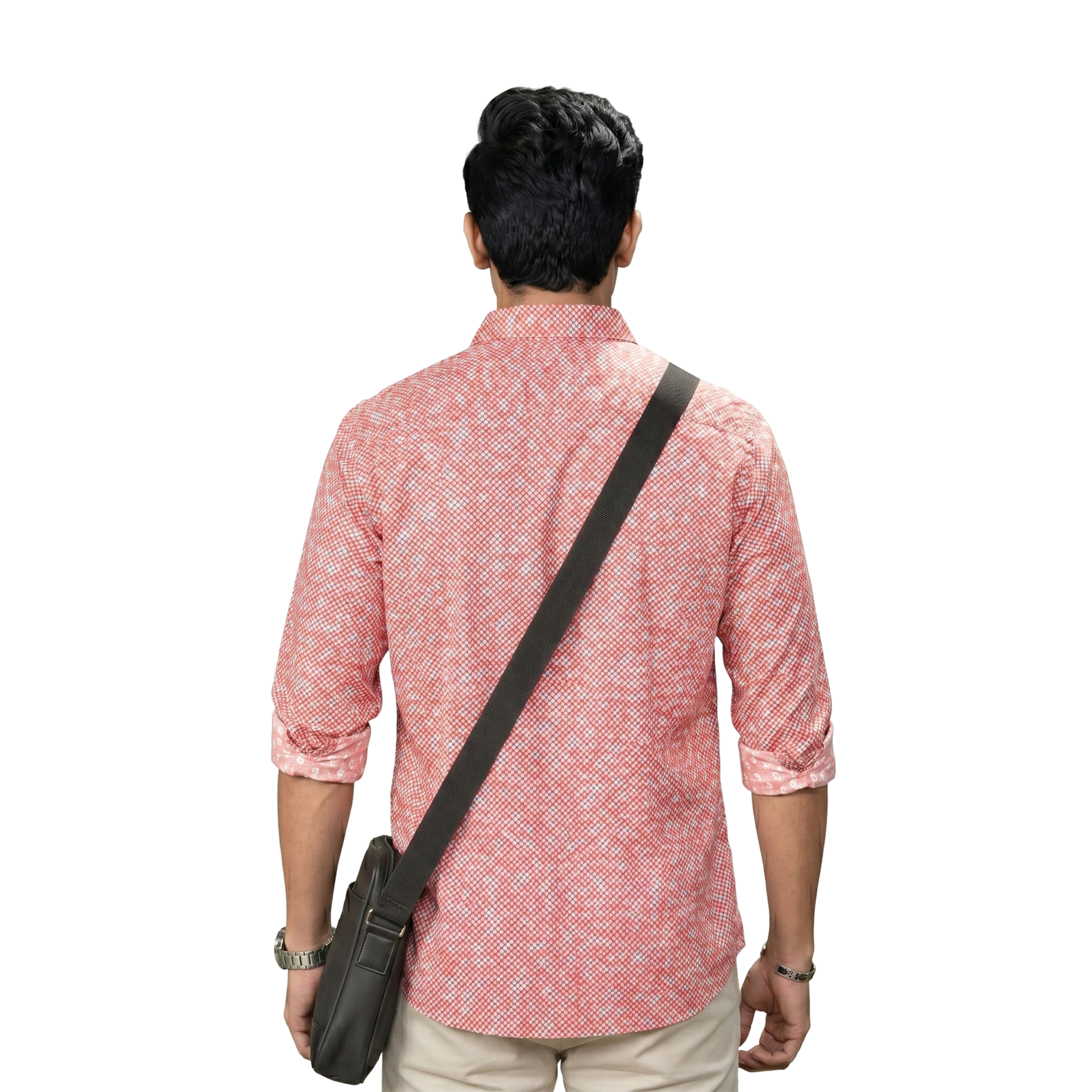 Salmon Red Printed Long Sleeve Button Up