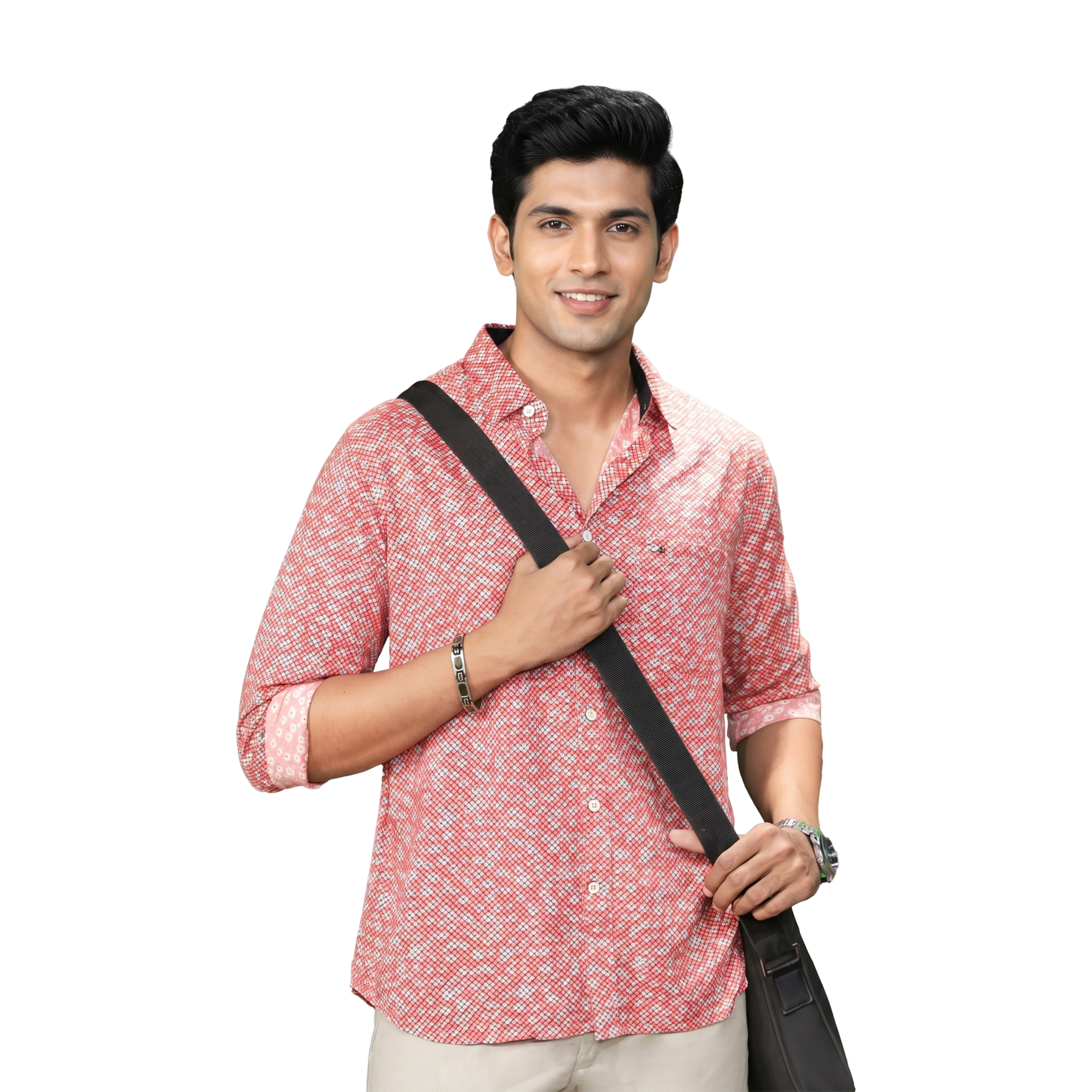 Salmon Red Printed Long Sleeve Button Up