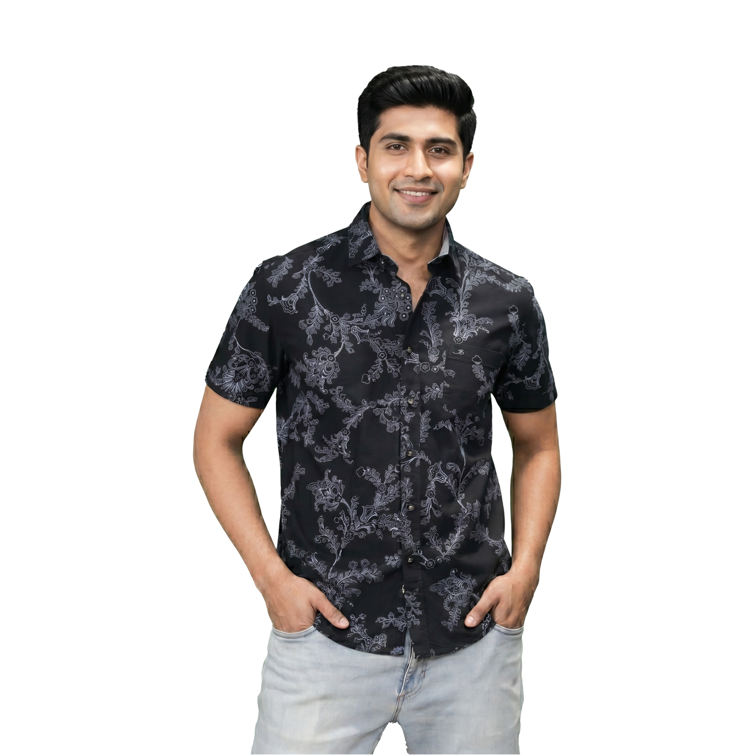 Black Floral Print Short Sleeve Casual Shirt
