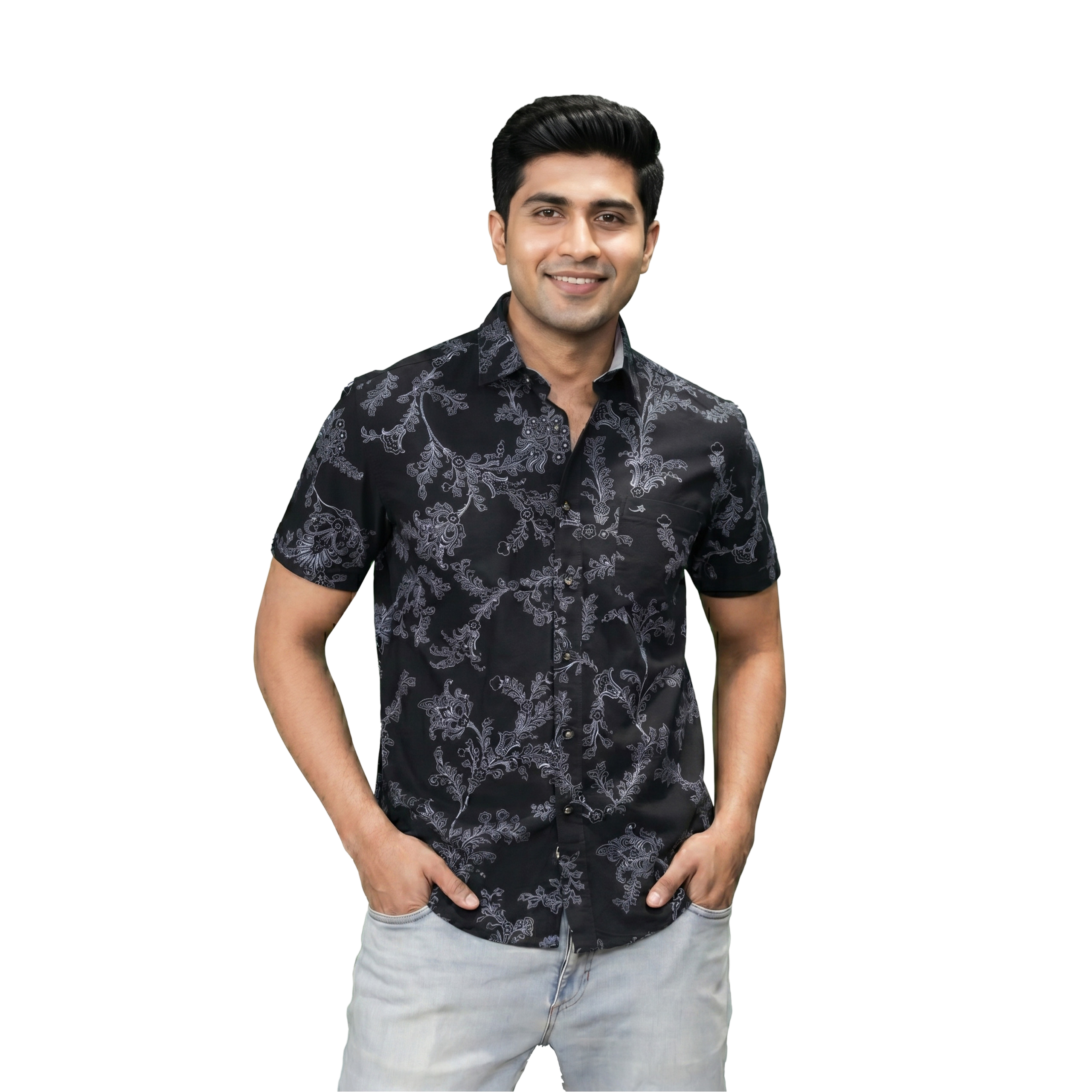 கருப்பு பூக்கள் அச்சிடப்பட்ட குட்டைக்கை சாதாரண சட்டை