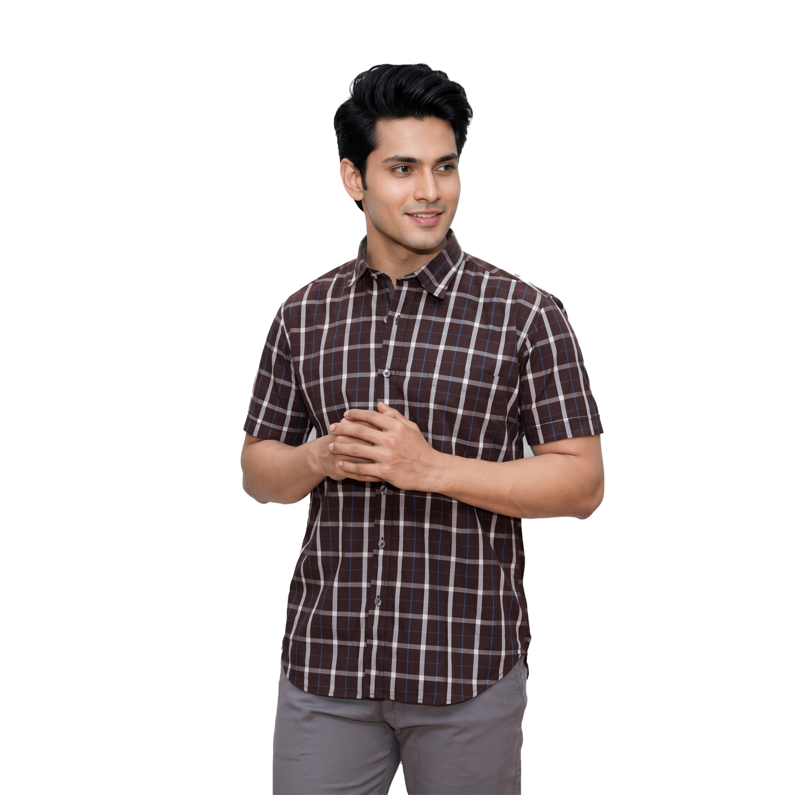 கருஞ்சிகப்பு கட்டங்கள் போட்ட சாதாரண பட்டன் சட்டை