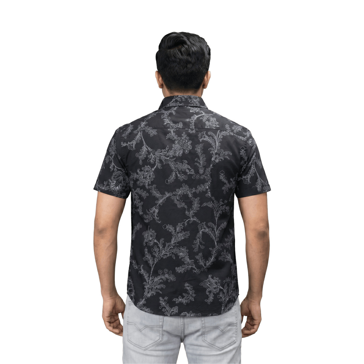 Black Floral Print Short Sleeve Casual Shirt - Grayblac