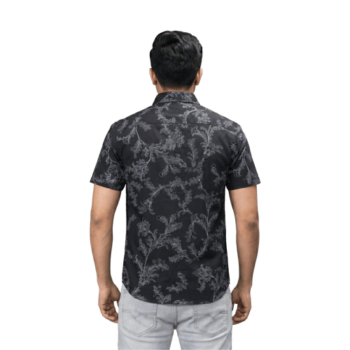 Black Floral Print Short Sleeve Casual Shirt - Grayblac