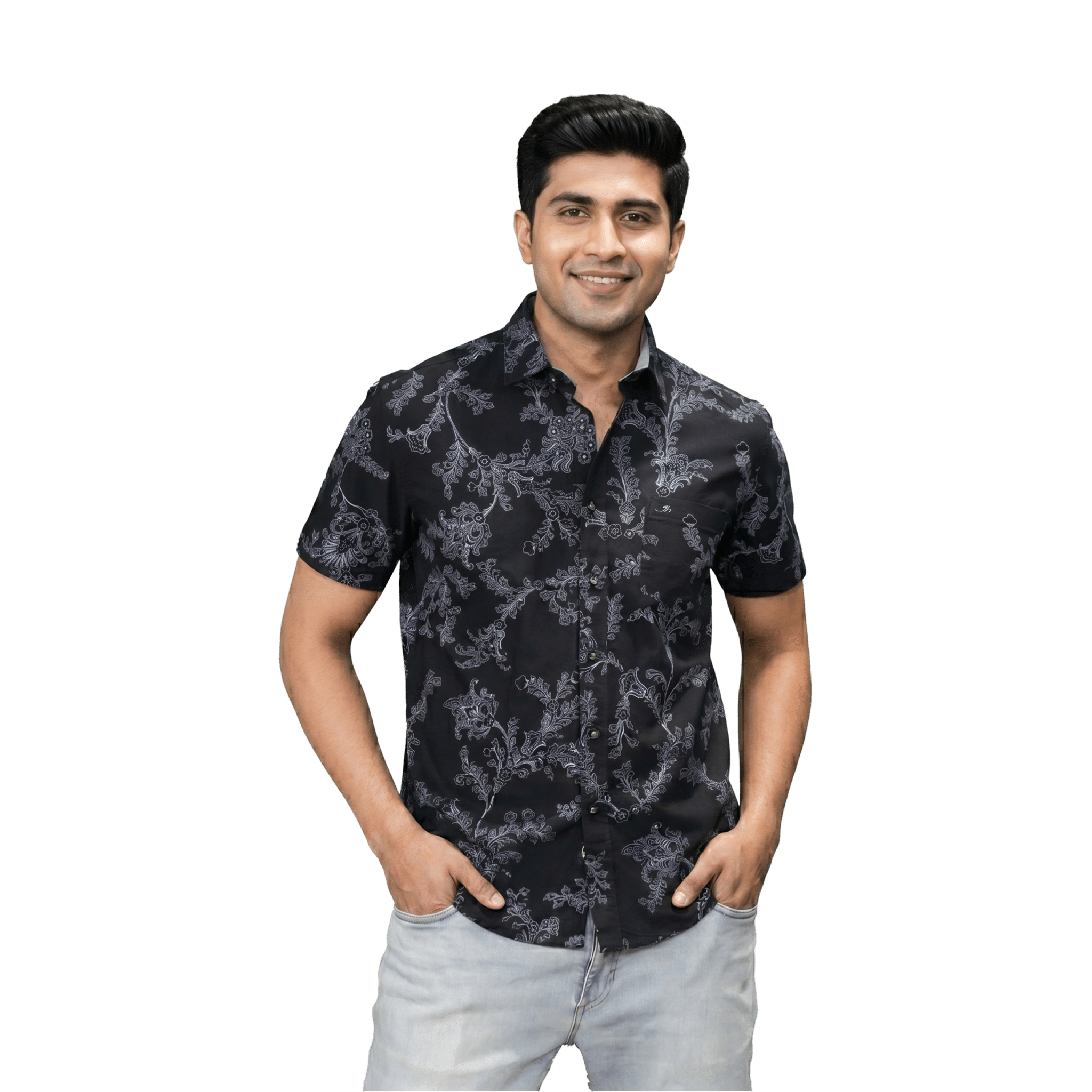 Black Floral Print Short Sleeve Casual Shirt - Grayblac