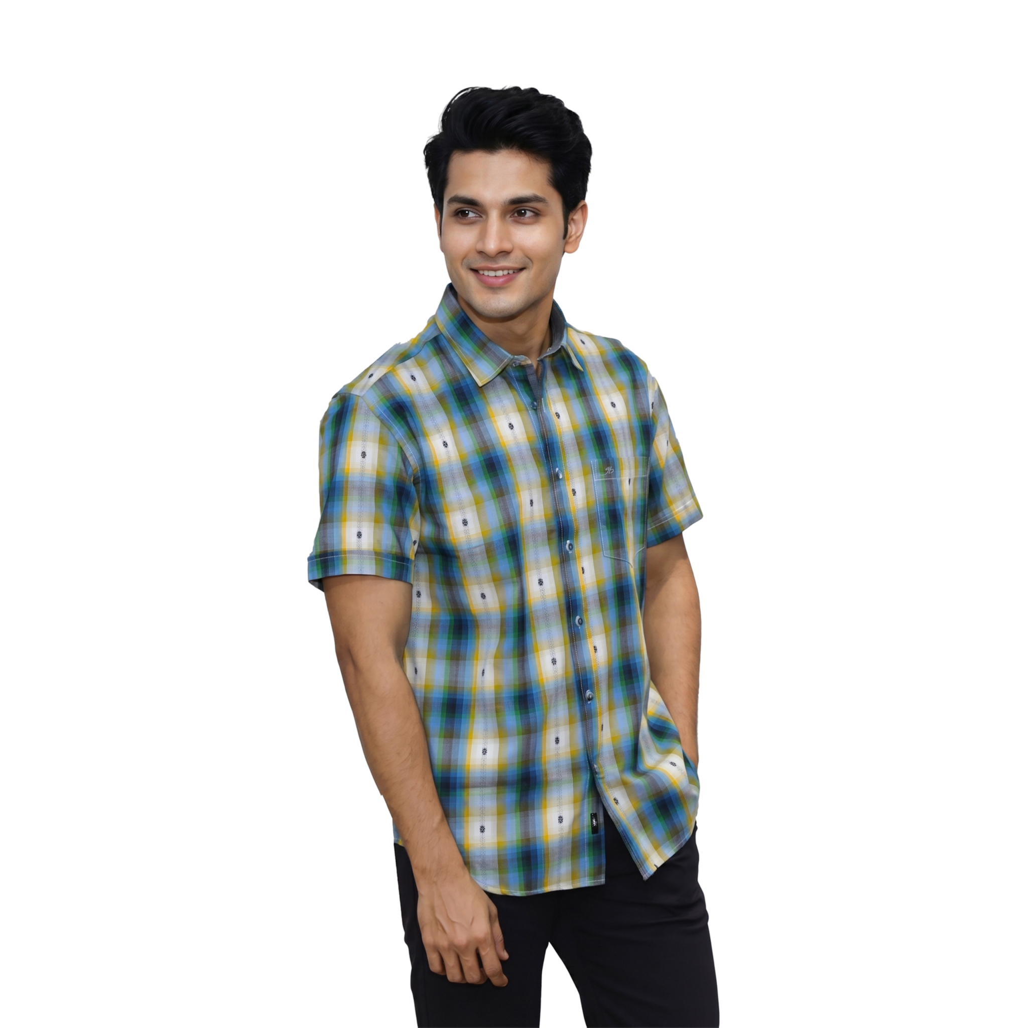 Blue and Yellow Checked Print Shirt - Grayblac