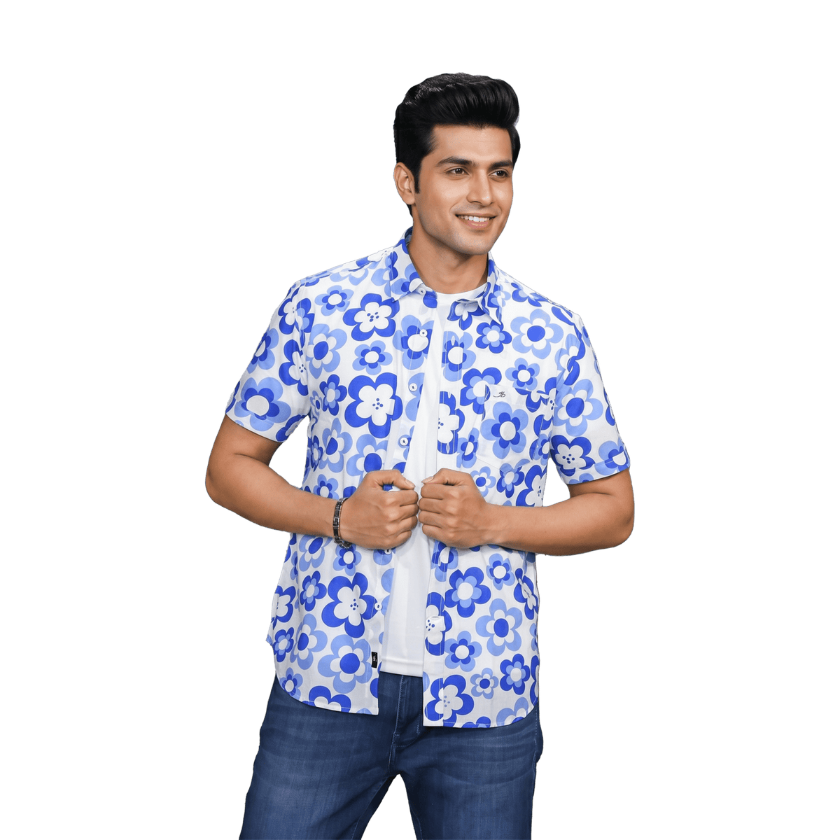 Blue Floral Print Short Sleeve Casual Shirt - Grayblac
