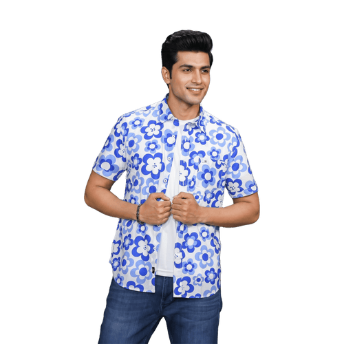 Blue Floral Print Short Sleeve Casual Shirt - Grayblac