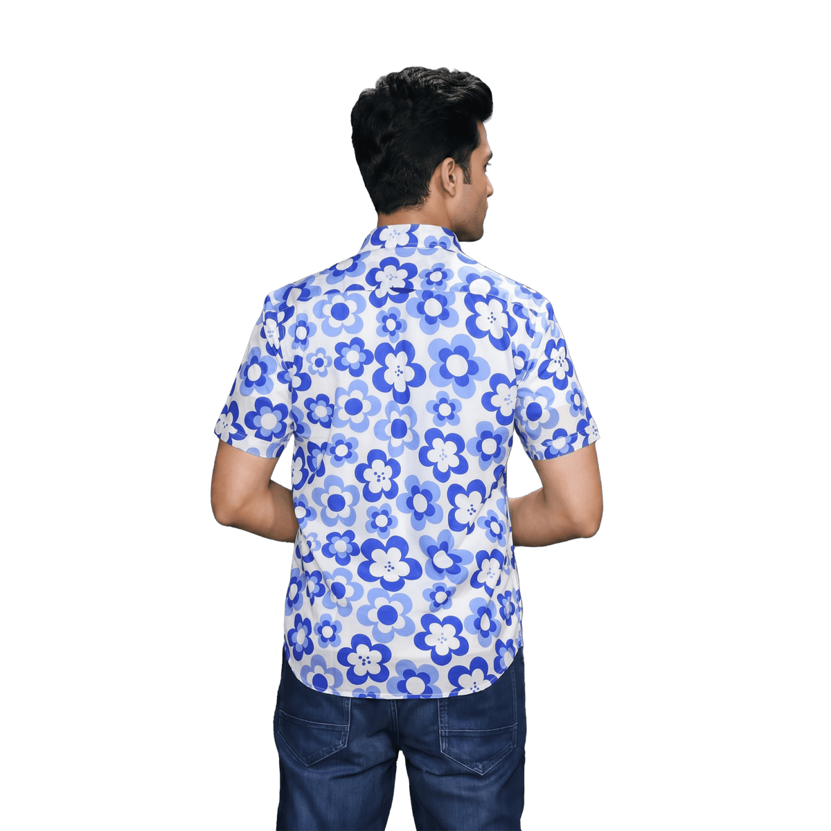 Blue Floral Print Short Sleeve Casual Shirt - Grayblac