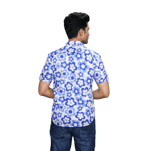 Blue Floral Print Short Sleeve Casual Shirt - Grayblac