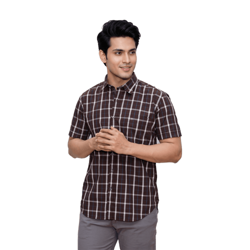 Dark Brown Checked Casual Button Shirt - Grayblac