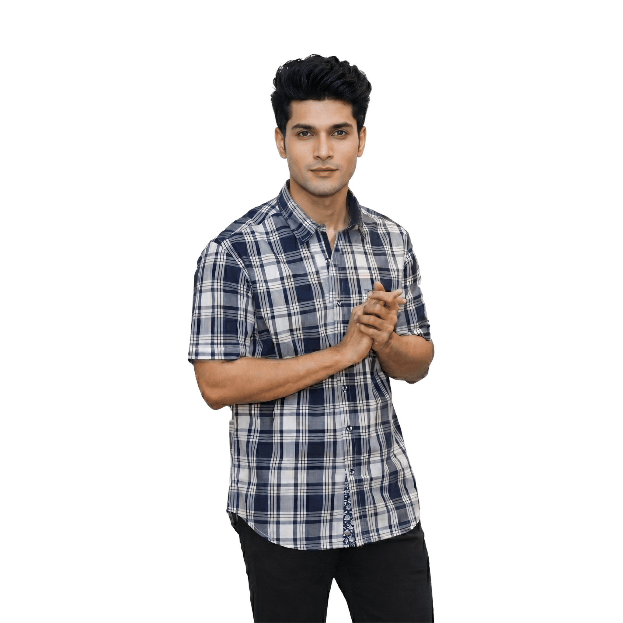 Navy Blue Checked Casual Shirt - Grayblac