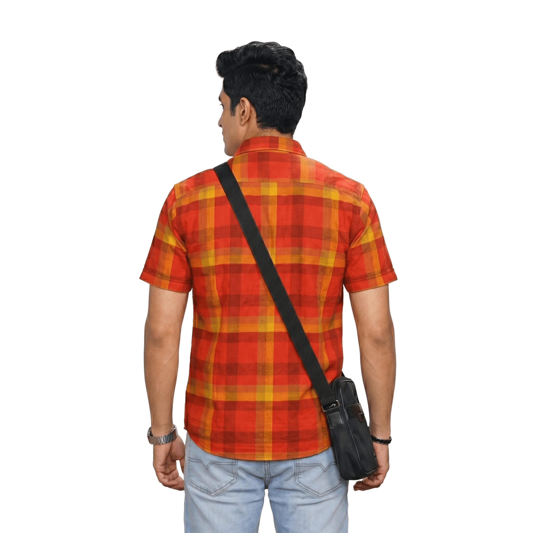 Orange Red Plaid Short Sleeve Button Up - Grayblac