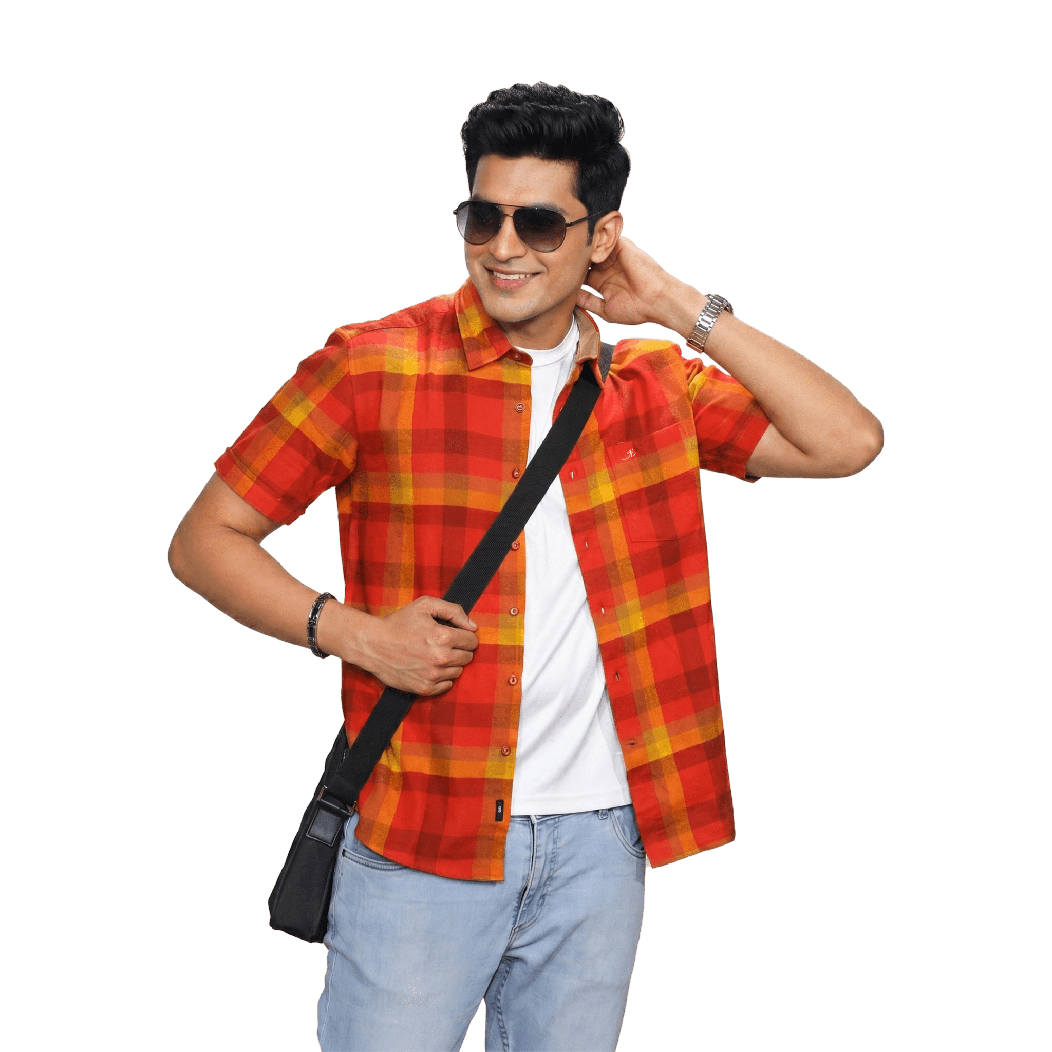 Orange Red Plaid Short Sleeve Button Up - Grayblac