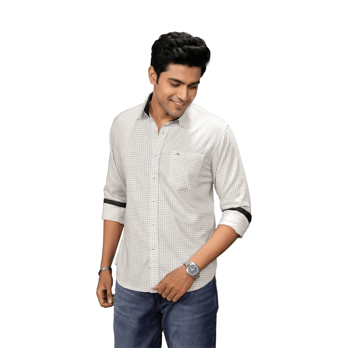White Micro Print Long Sleeve Casual Shirt - Grayblac